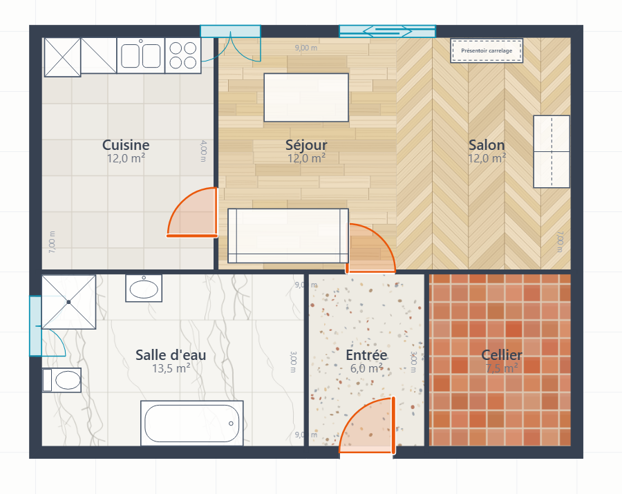 Eingerichteter 2D-Plan: Küche, Bad, Wohnzimmer