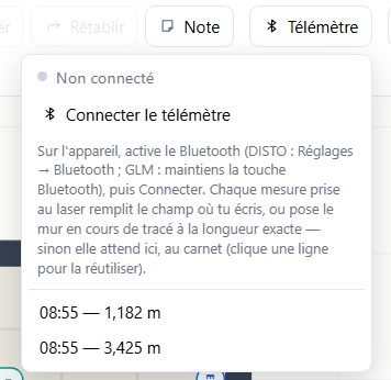 Telemeter-Panel: Bluetooth-Verbindung und Messheft